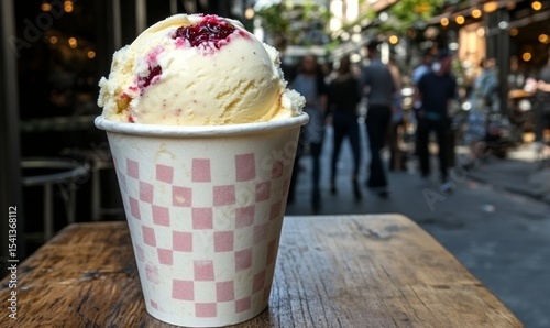Picture of white chocolate and raspberry ice cream served in a paper cup