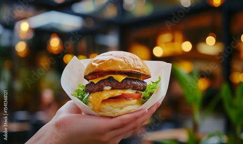The image showcases a gourmet burger set against the vibrant atmosphere of a hipster market