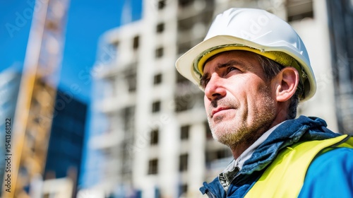 A construction worker wearing a white hard hat and yellow safety vest stands at a building site, focused and observing the progress under a clear blue sky.