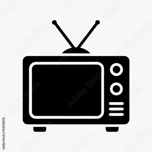 Black vintage retro television icon with antenna isolated on white background
