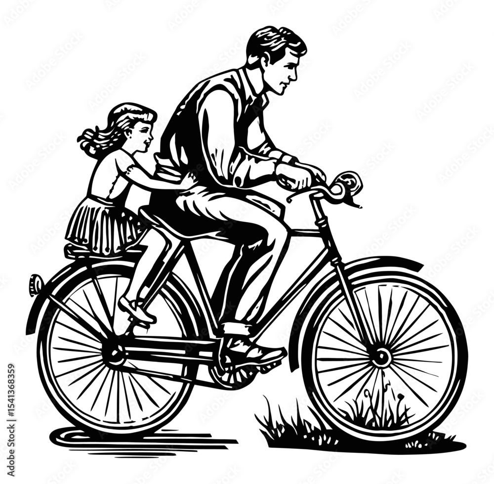 Naklejka premium Vintage Illustration of Father and Daughter Riding Bicycle Together
