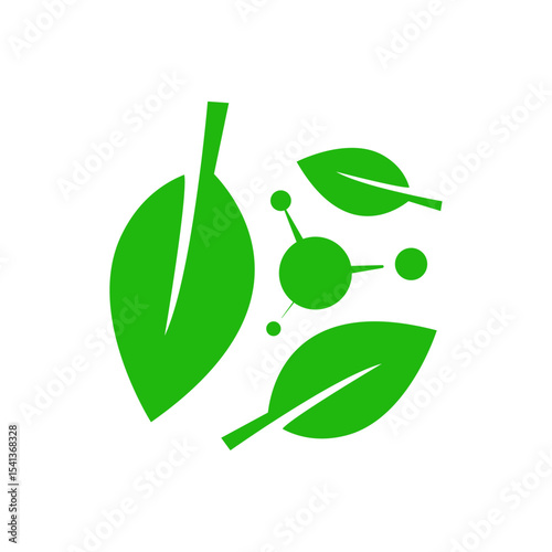 Biodegradable and eco friendly material concept illustration. Green leaf with molecular structure. compostable and sustainable chemistry. Environmentally safe product icon for packaging, labels