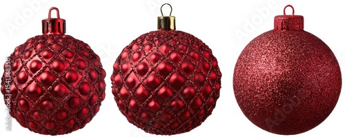 Three decorative red Christmas ornaments with glitter and textured patterns are displayed on a white background.