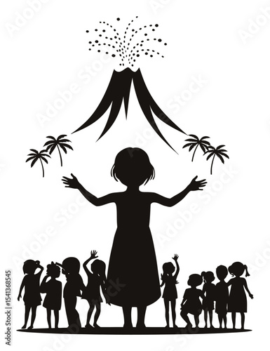 Silhouette of Children Witnessing Eruption with Woman in Front of Volcano
