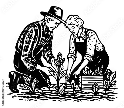 Vintage Drawing of Farmers Planting Crops in a Hand-Drawn Style