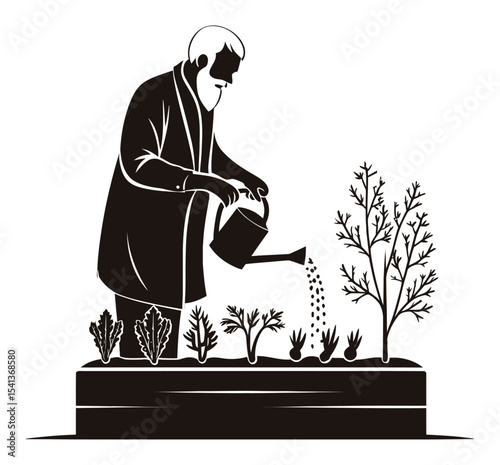 Gardener Watering Plants with Abstract Design and Hand Drawn Style Illustration