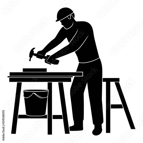 Abstract Drawing of a Worker Hammering at a Construction Site