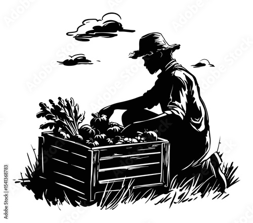Farmer Harvesting Vegetables in a Vintage Black and White Illustration