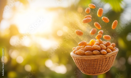 In this image, a ripe date is captured falling through the air, destined for a woven basket, with a blurred background of palm leaves