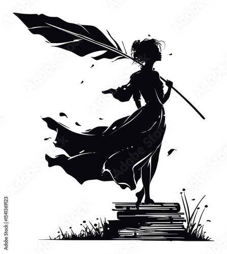 Elegant Silhouette of a Woman Holding a Quill Against a Whimsical Background