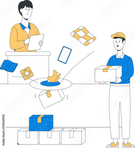 Supply chain harmony shows two individuals managing inventory and handling packages, featuring various items in a streamlined logistics process