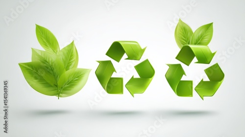 Three green recycle symbols combined with fresh green leaves, symbolizing eco-friendly recycling and environmental sustainability.