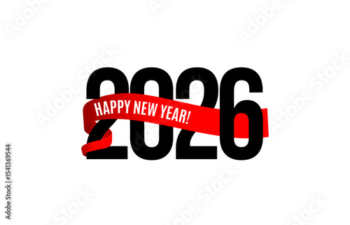 Bold 2026 Happy New Year Banner with Red Ribbon Wrapped Around Numbers. Perfect for Festive Greetings, Event Invitations, and Seasonal Holiday Cards. Vector Illustration.