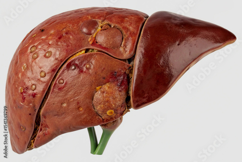 Anatomical model of a diseased human liver showing severe medical conditions