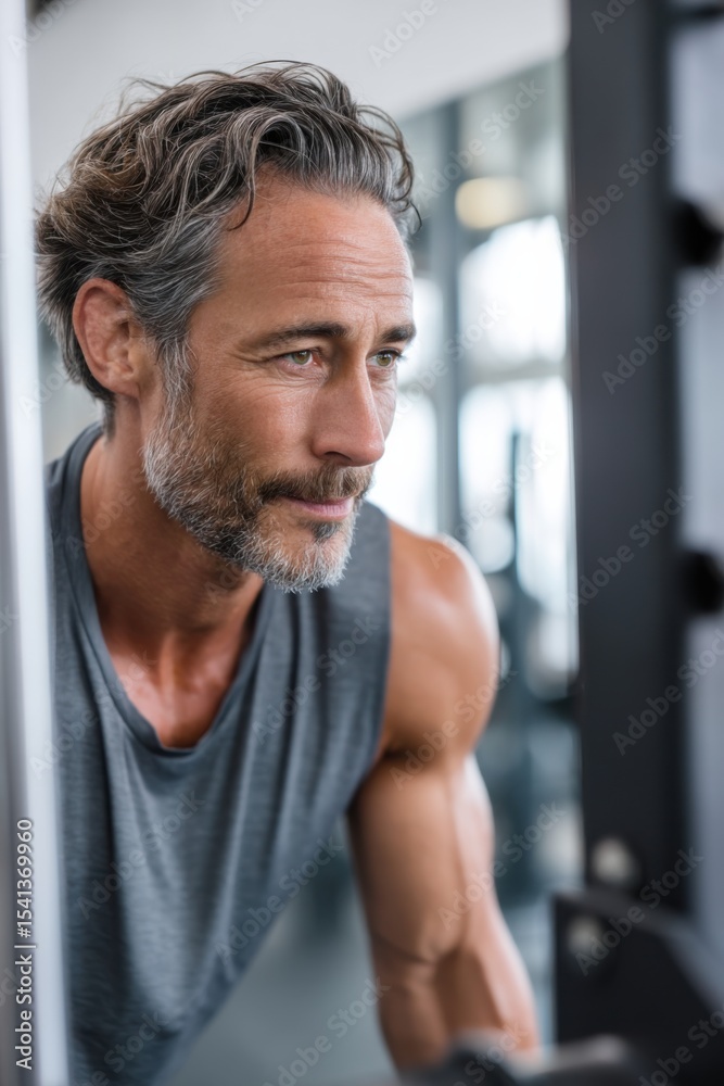 Fototapeta premium Middle-aged Hispanic man reflecting on self-worth during gym workout in serious moment of self-examination