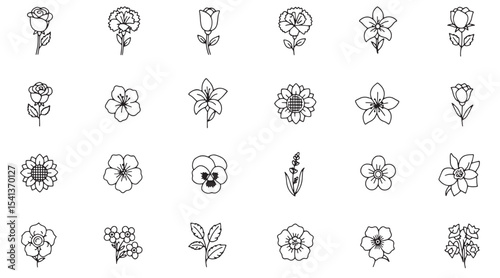  Collection of twenty-eight minimalist line art flower icons and botanical elements. Perfect for branding, websites, invitations, and more. Features simple, elegant designs in black and white, suitabl