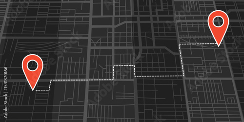 Black city map with travel destination pins in flat style. Concept of travel, destination, location, route. Vector background.