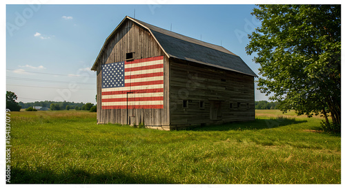 Patriotic Barn in Summer Field American Flag Painted on Rustic Wood photo