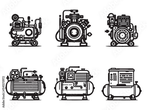 set of 6 psc different type of Air compressor clear vision simple dark black line art on white (3).eps