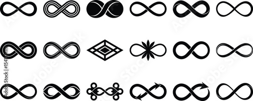Infinity symbols collection, for logo design, branding, mathematical representation. Infinity icon styles, simple to artistic vector illustration on white background.