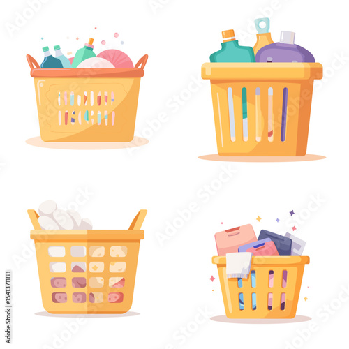 Set of colorful laundry baskets with cleaning supplies and clothes in a playful style