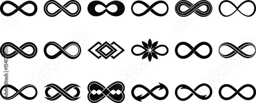 Infinity symbols collection, for logo design, branding, mathematical representation. Infinity icon styles, simple to artistic vector illustration on white background.