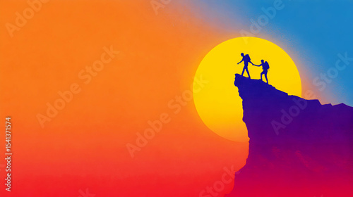 Hikers Helping Each Other on a Mountain at Sunset Teamwork Support Success