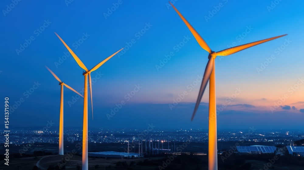 Fototapeta premium Three wind turbines are spinning against a dark blue sky at dusk overlooking a city with glowing lights