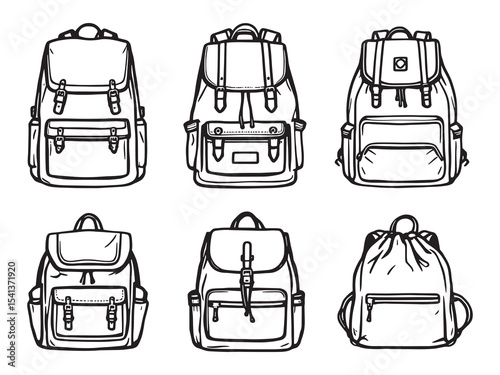set of 6 psc different type of Backpack clear vision simple dark black line art on white.eps
