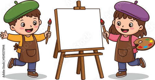 Cartoon kids painting on canvas, creative children with art supplies, drawing and coloring activity, young artists illustration, artistic expression, learning through painting, fun art