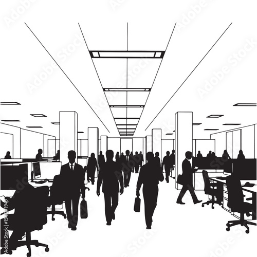 Busy Open-Plan Office with Working People - Vector Silhouette