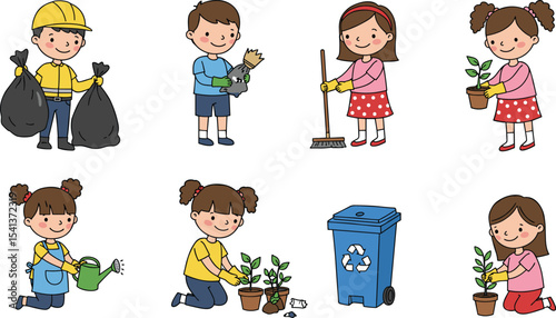 Cartoon kids doing environmental activities, planting trees, recycling trash, watering plants, eco-friendly habits, helping nature, green earth concept, children cleaning, save environment illustratio