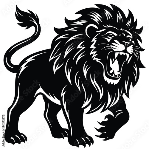 Majestic Roaring Lion A Powerful Black and White Illustration