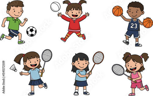 Cartoon kids playing sports, soccer, basketball, badminton, active children in motion, fun physical activity, healthy lifestyle, exercise for kids, sports day illustration