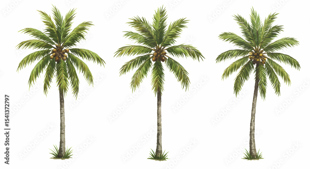 Fototapeta premium Three Lush Coconut Palm Trees Tropical Paradise Vacation