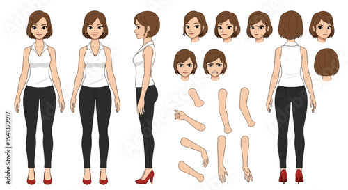 Anime Female Character Design Sheet: Front, Side, Back Views, Multiple Facial Expressions, and Posable Arms