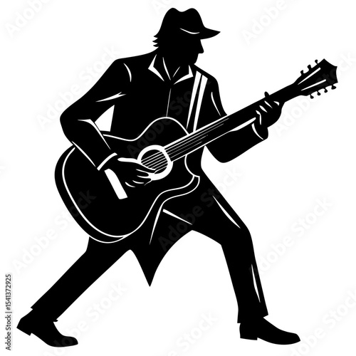 Musician playing acoustic guitar wearing hat silhouette vector illustration