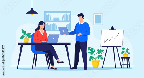 Business Colleagues Collaborating on Laptops, Modern Office Setting