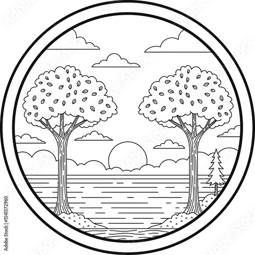 A beautifully detailed black-and-white illustration depicting two trees beside a serene body of water, framed by a circular design. This artwork is perfect for nature-themed projects, wall art, or any