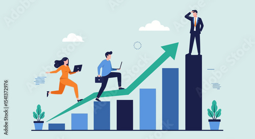 Business Growth Chart with People Climbing, Success and Achievement Concept