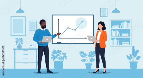 Business Presentation with Graph: Man and Woman Holding Laptops in Office
