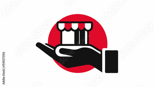 Hand holding a store front with red circle in the background in black and white minimal design