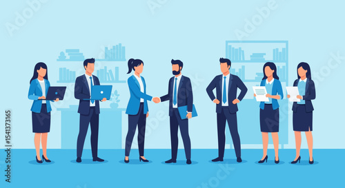 Business Team Collaboration: Diverse Professionals in Blue Suits, Handshake, Laptops, Documents