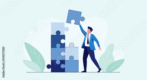 Businessman Completing Puzzle Tower, Holding Blue Piece, Wearing Suit, Flat Vector