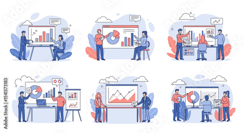Business Team Presenting Data Visualizations in Six Different Scenarios