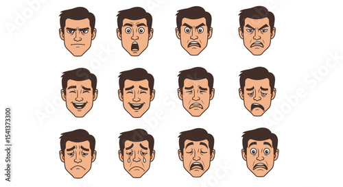 Cartoon Man Faces Expressing Various Emotions, Isolated on White Background