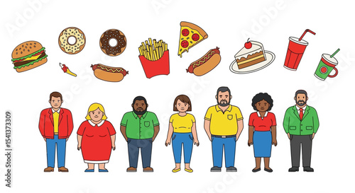 Cartoon People and Fast Food Items, Isolated on White Background