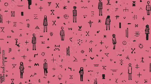 Drawn figures scatter across pink background illustration symbolism flat style