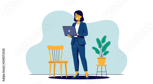 Confident Businesswoman Holding Laptop in Blue Suit, Vector Illustration