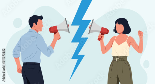 Conflicting Voices: Man and Woman Arguing with Megaphones